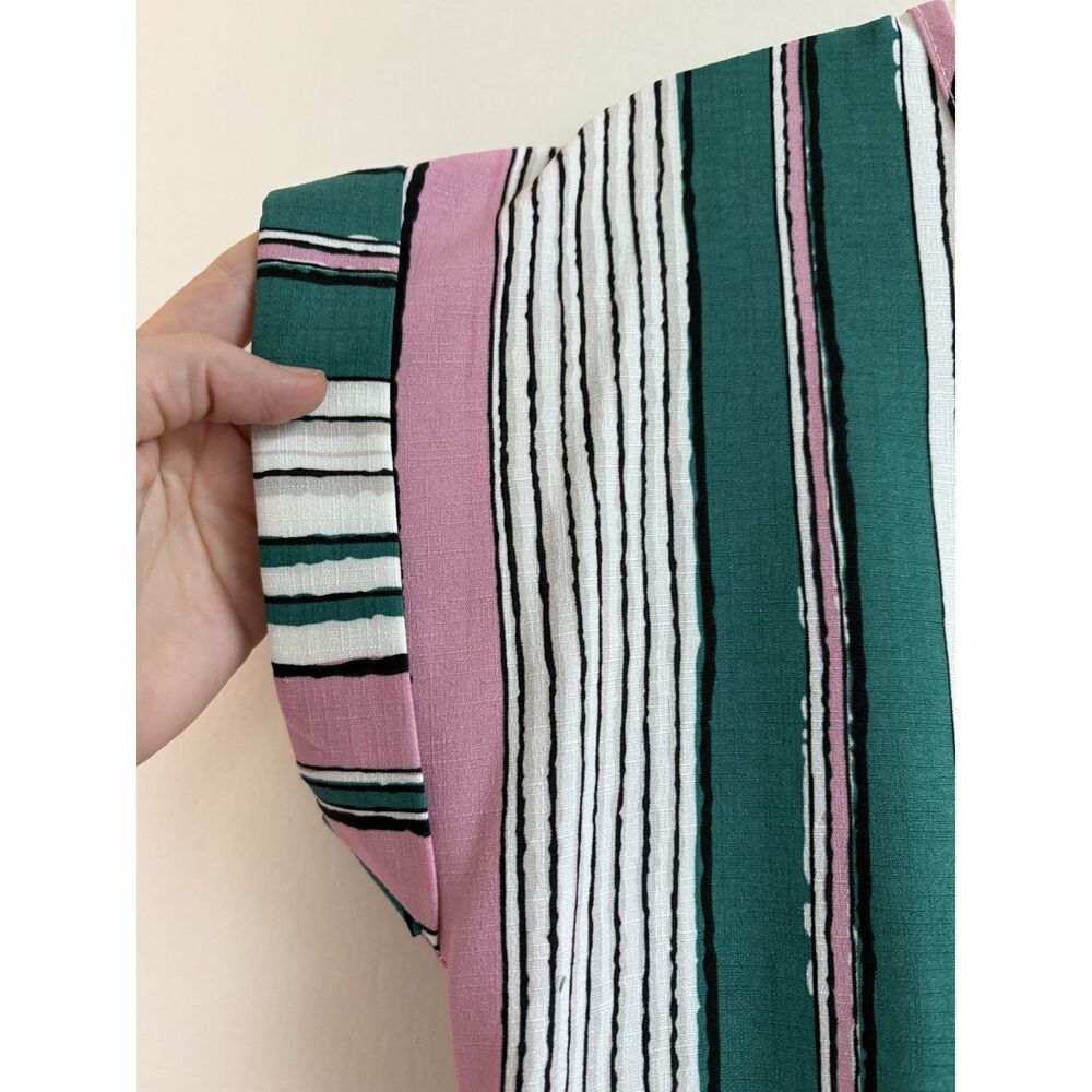 Retro Mod Pink Green Stripe Resort Mini Dress S Babydoll Drop Waist Pocket Twee - Picture 4 of 7